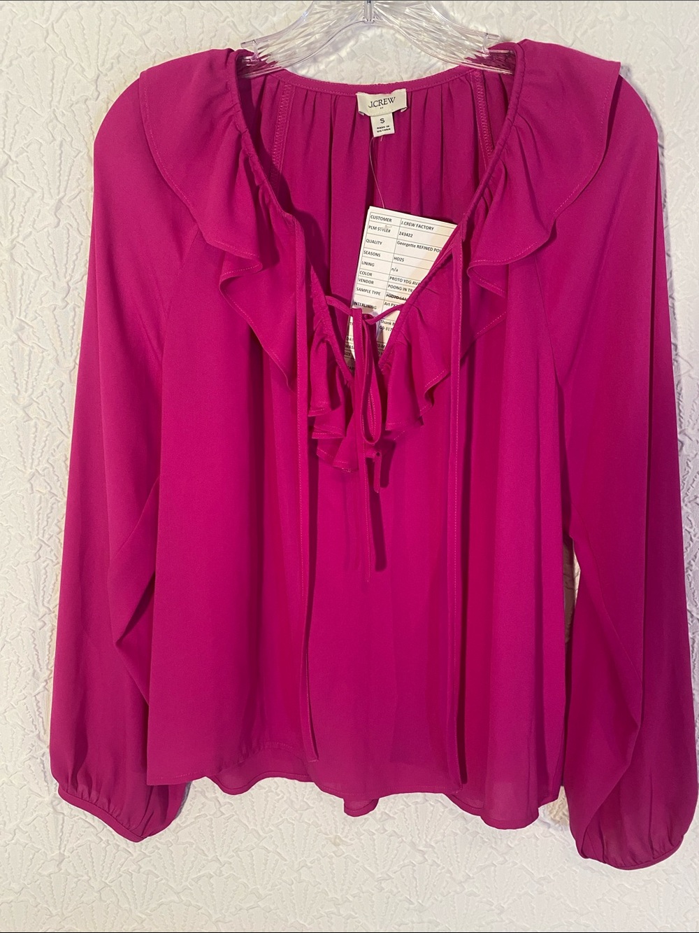 J. Crew Ruffled Tie-Neck Blouse in Bright Fuchsia size Small whimsical sheer